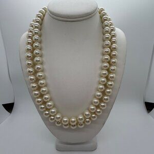 Vintage Faux Pearl Necklace Double Strand Creamy White Glass Beaded Choker 20 In